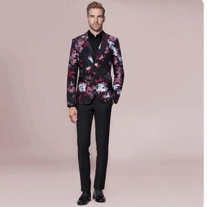 🆕 Cloudstyle Sz S Men’s Red Silver and Black Floral Blazer & Matching Vest